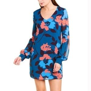 CHARLES Henry Dress blue Floral Print Long sleeve Sheer Shift small